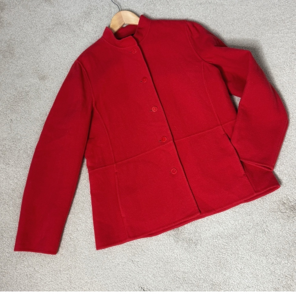 Eileen Fisher Coat Virgin Wool & Cashmere Red Coat Blazer Button Front Pockets